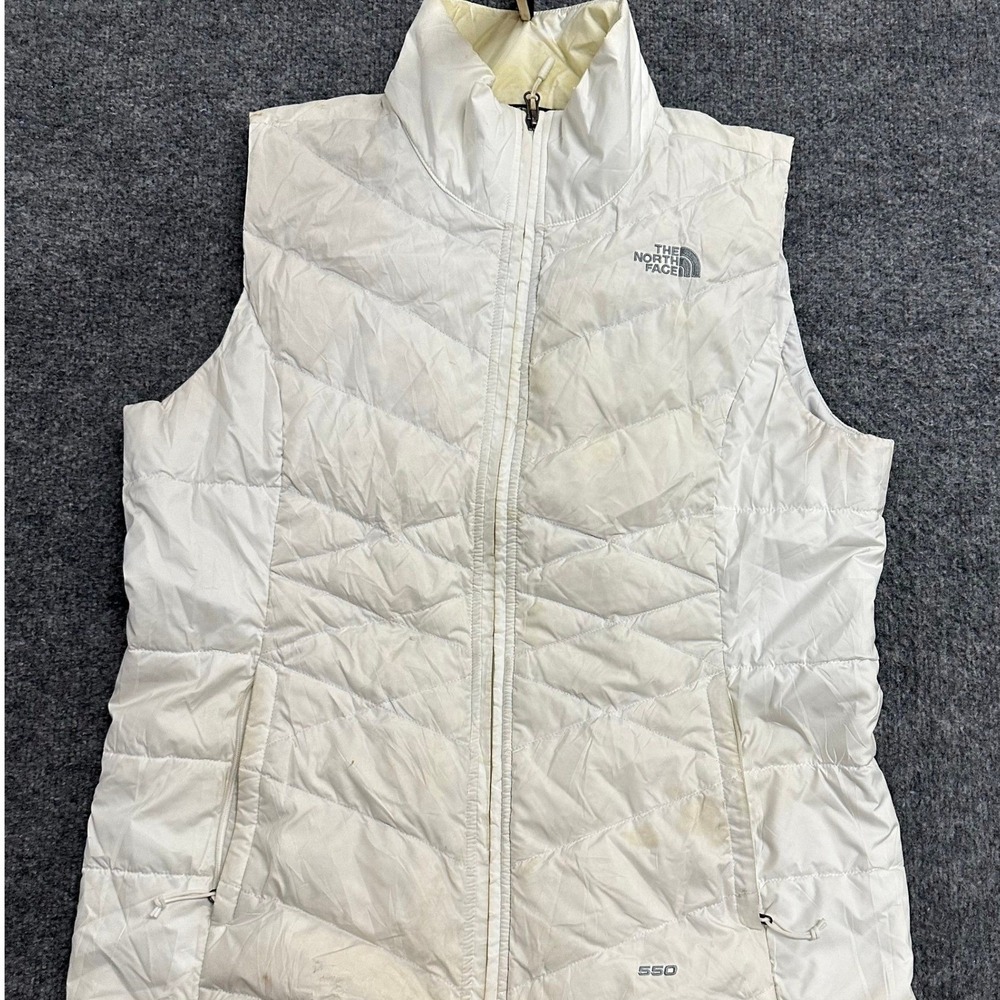 The North Face Vest Womens Size L White 550 Down Quilted Puffer Full Zip Stained